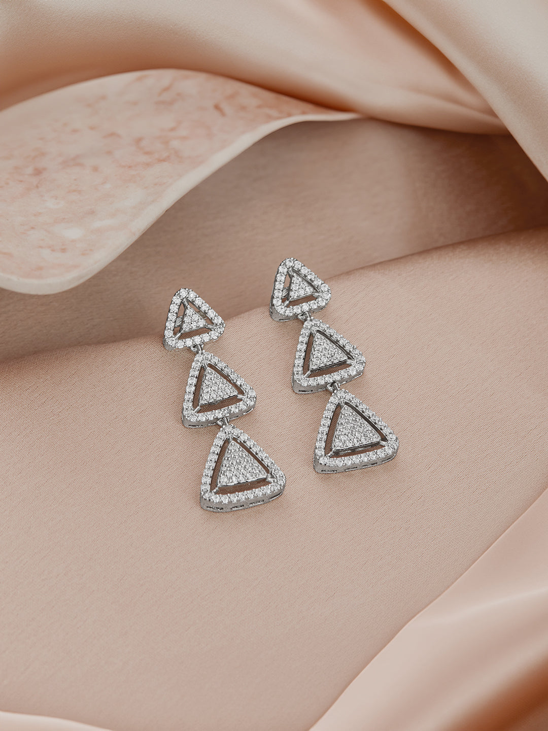 925 Sterling Silver Rhodium Plated CZ Pyramid Drop Earrings